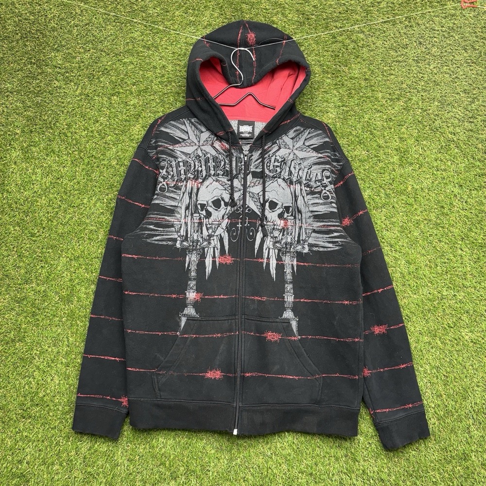 MMA Elite Hoodie Mens Large Full Zip Up AOP Sweatshirt Barbed Wire Skull Y2K